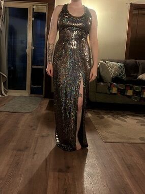 Sequin Tank Gown with Thigh Slit - Iridescent Black/Brown